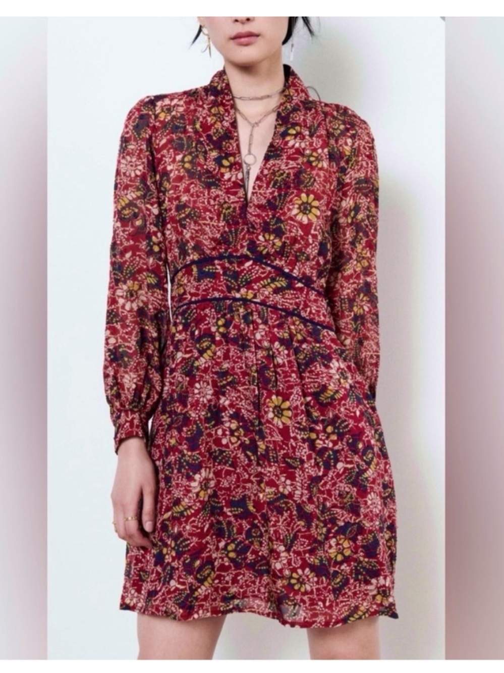 ba&sh Giani Long Sleeve Floral Print Dress size 0 XS bordeau red burgundy boho